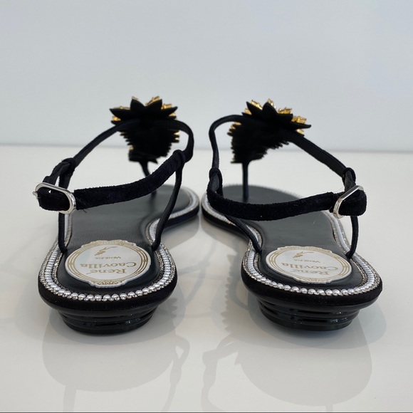 RENE CAOVILLA BLACK LEATHER SUEDE CRYSTAL PEARL SANDALS SIZE IT 38 / IT 8 - Picture 13 of 16